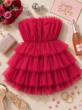 Altar'd State Daria Tulle Mini Dress S Berry Strapless Tiered Ruffle Layers NWT